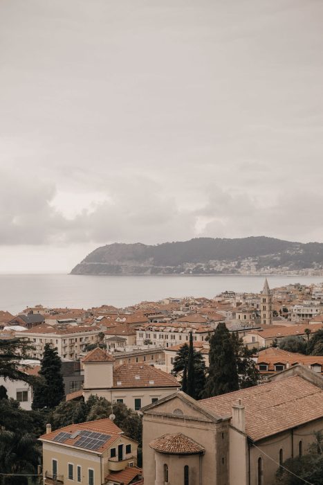 View of Alassio, its rooftops and gulf, from the gardens of Villa Pergola.